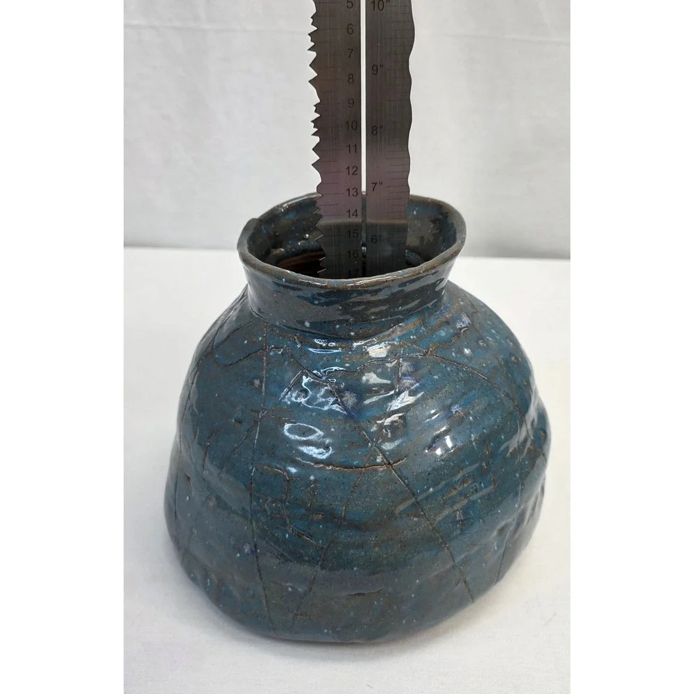 Studio Pottery Blue Glazed Ceramic Vase Handcrafted Etched Geometric Vessel